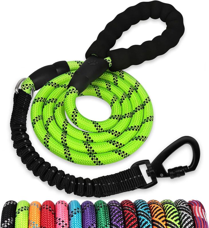 Photo 1 of Rope Dog Leash 4 FT: Heavy Duty Leashes with Swivel Lockable Hook Reflective Threads Bungee and Padded Handle - Dog Lead for Large Small Medium Dogs Outside Walking Hiking Green