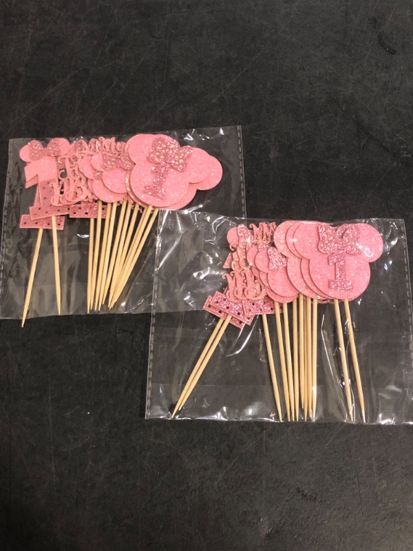 Photo 1 of *No Dark Pink ALL LIGHT PINK** Ephlyn 24Pcs Mouse 1st Birthday Cupcake Toppers, Pink Bow Mini First Birthday Cake Decorations Mouse One Cupcake Picks for Baby Shower 1st Birthday Party Decors Pink Rose Red
