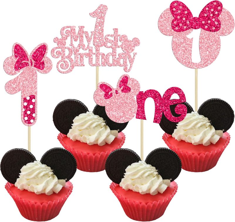 Photo 1 of *No Dark Pink ALL LIGHT PINK** Ephlyn 24Pcs Mouse 1st Birthday Cupcake Toppers, Pink Bow Mini First Birthday Cake Decorations Mouse One Cupcake Picks for Baby Shower 1st Birthday Party Decors Pink Rose Red