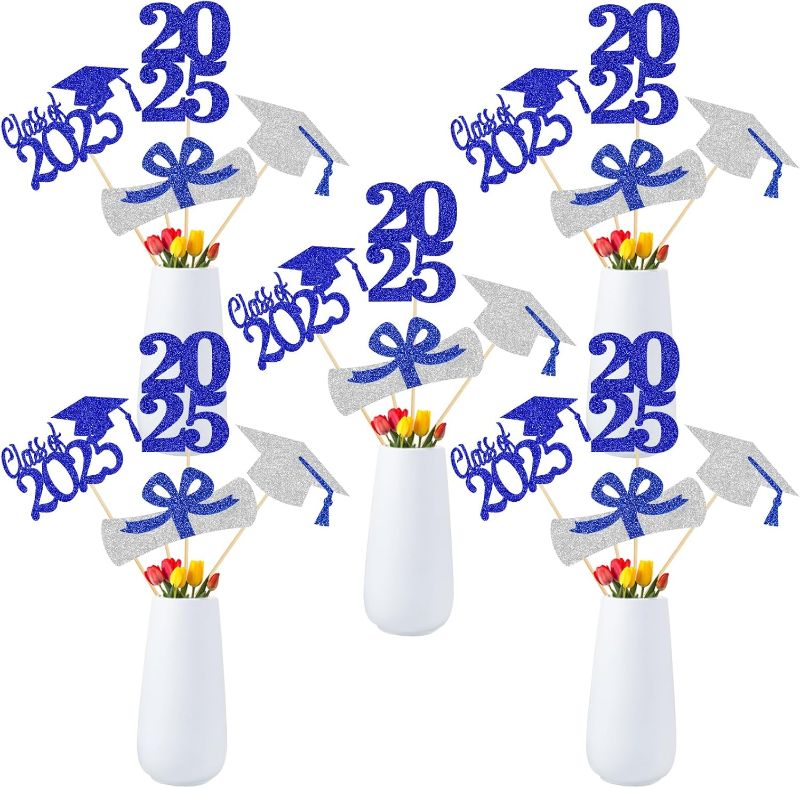 Photo 1 of 24Pcs Blue and Silver 2025 Graduation Centerpiece Sticks Graduation Party Centerpieces for Tables 2025, Blue and Silver Class of 2025 Graduation Table Centerpieces Decorations