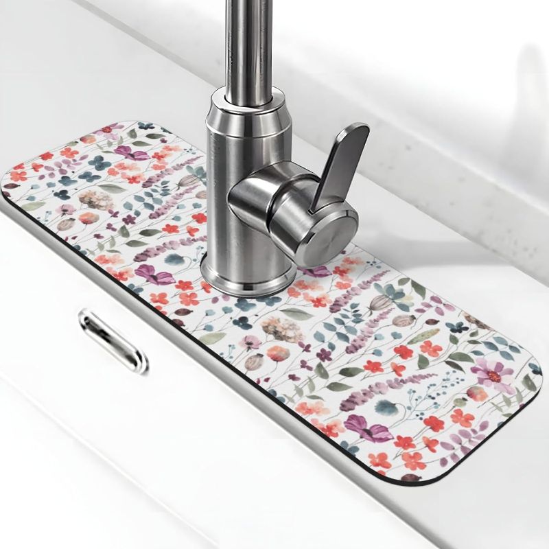 Photo 1 of Vintage Watercolor Floral Flowers Abstract Leaves Kitchen Sink Splash Guard Faucet Mat Super Absorbent Fast Drying Mat Sink Gadgets-Fast Drying Pad Sink Mat For Kitchen Bathroom (15" X 5.5" )