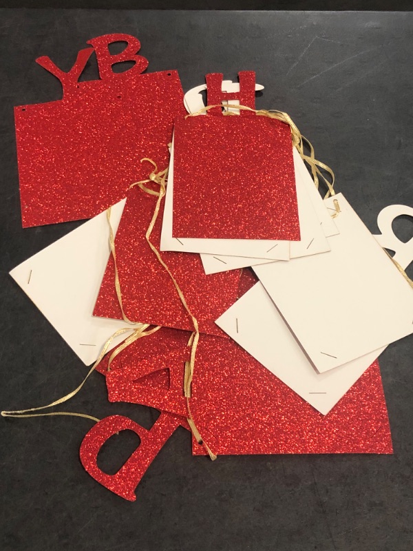 Photo 1 of WeBenison Happy Birthday Banner - Girls & Adults, Red Glitter, Cheers to Birthday Picture Frame & Bunting Decorations
