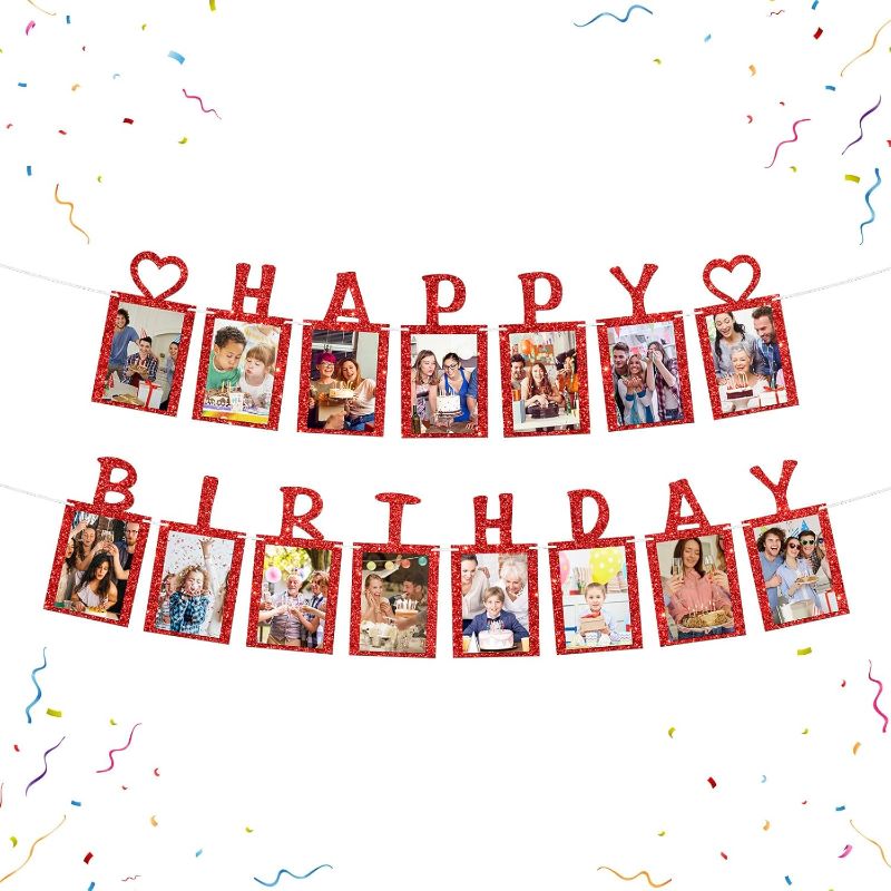 Photo 1 of WeBenison Happy Birthday Banner - Girls & Adults, Red Glitter, Cheers to Birthday Picture Frame & Bunting Decorations