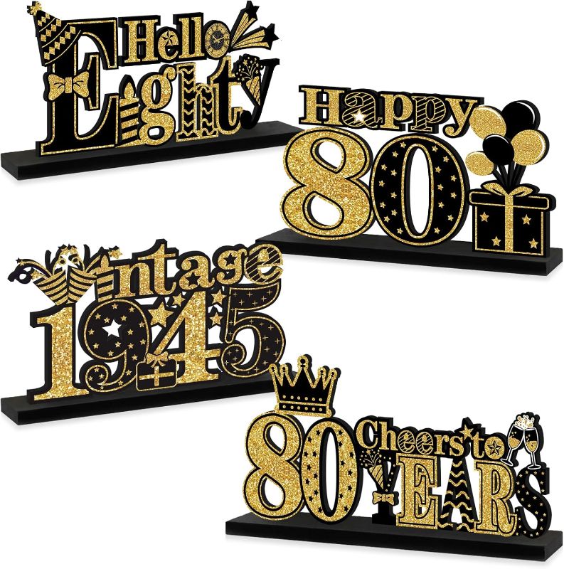Photo 1 of 4 Pieces 80th Birthday Decorations Wooden Vintage 1945 Table Party Supplies, Black Gold Cheers to 80 Years Table Centerpieces Sign, Happy 80th Anniversary Bday Hello Eighty Table Decor