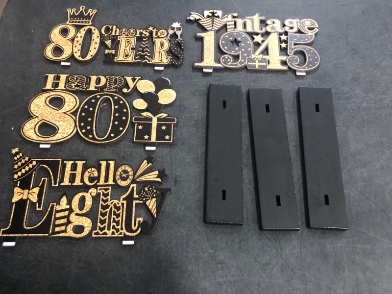 Photo 1 of 4 Pieces 80th Birthday Decorations Wooden Vintage 1945 Table Party Supplies, Black Gold Cheers to 80 Years Table Centerpieces Sign, Happy 80th Anniversary Bday Hello Eighty Table Decor