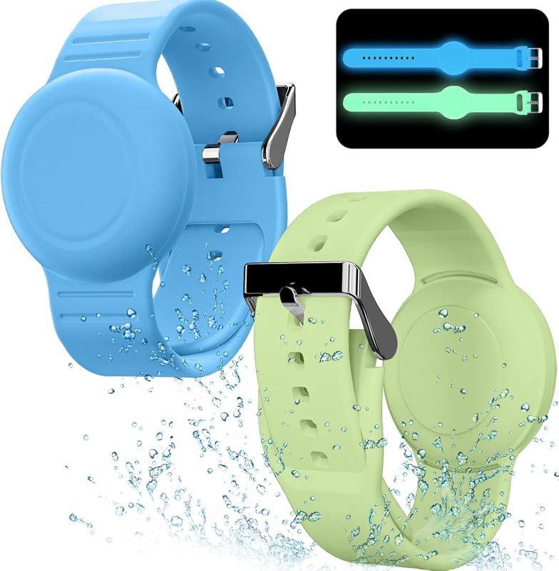 Photo 1 of Waterproof Air Tag Bracelet for Kids(2 Pack), Soft Silicone Hidden Wristband, Lightweight GPS Tracker Compatible with Apple Air Tag Watch Band for Child (Grow in Dark Blue & Green)
