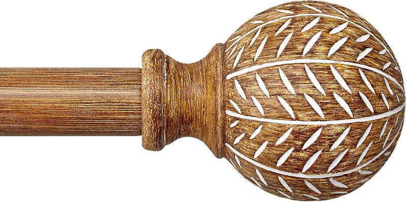 Photo 1 of 2Pck Wood Curtain Rods for Windows,1'' Diameter Drapery Rods with Imitation Wood Grain Leaf Pattern Finials,Boho Adjustable Heavy Duty Curtain Rods Set,18-45'',Color:Natural Wood