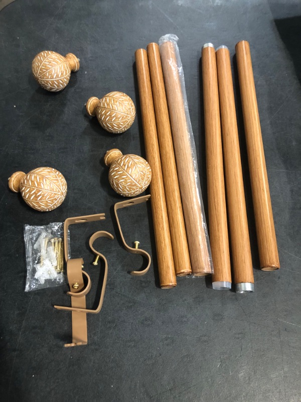 Photo 1 of 2Pck Wood Curtain Rods for Windows,1'' Diameter Drapery Rods with Imitation Wood Grain Leaf Pattern Finials,Boho Adjustable Heavy Duty Curtain Rods Set,18-45'',Color:Natural Wood