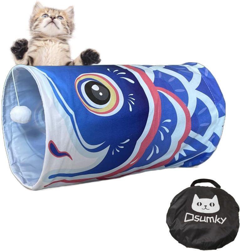 Photo 1 of Cat Tunnel for Indoor Cats Interactive, Collapsible Tube for Cats Kittens Rabbits Puppies Crinkle Pop Up,10'' Dia, 18''L,Blue