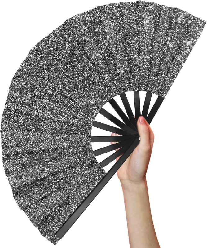 Photo 1 of Black Large Folding Hand Rave Fan, Oversized 13" Chinese/Spanish Fans Hand Fans Foldable & Big Nylon-Cloth Vintage Retro Fabric Tai Chi Kung Fu Fan for Festival Gift with Thickened Frame