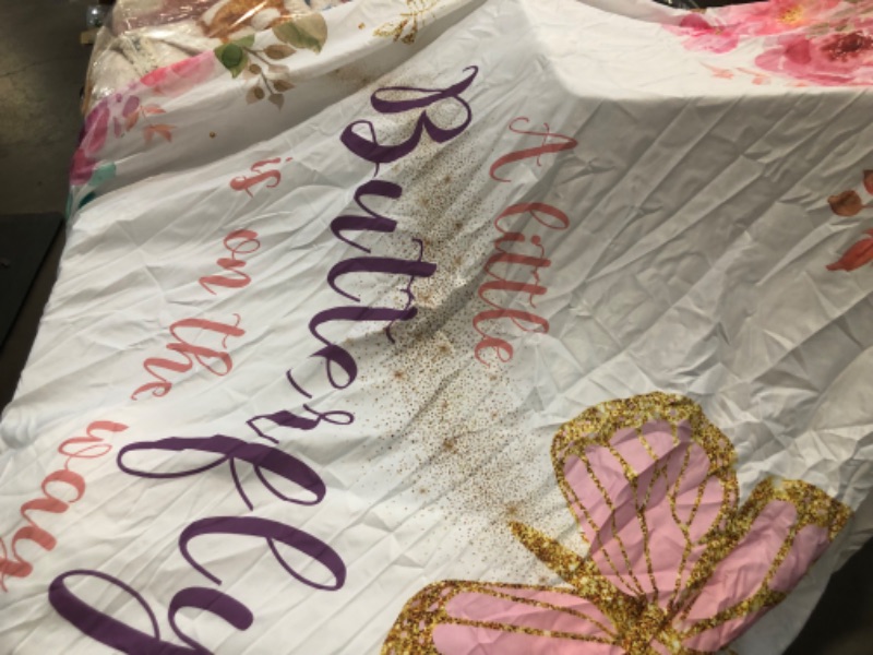 Photo 1 of Qian A Little Butterfly is On The Way Backdrop for Photography 7x5ft Floral Gold Spots Flowers Photo Background for Princess Girls Party Decoration Butterfly Baby Shower Banner