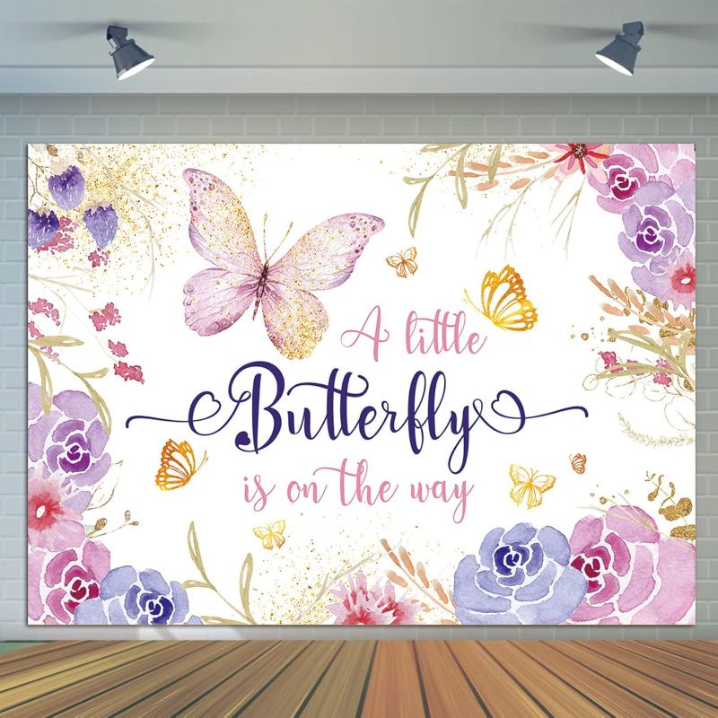 Photo 1 of Qian A Little Butterfly is On The Way Backdrop for Photography 7x5ft Floral Gold Spots Flowers Photo Background for Princess Girls Party Decoration Butterfly Baby Shower Banner