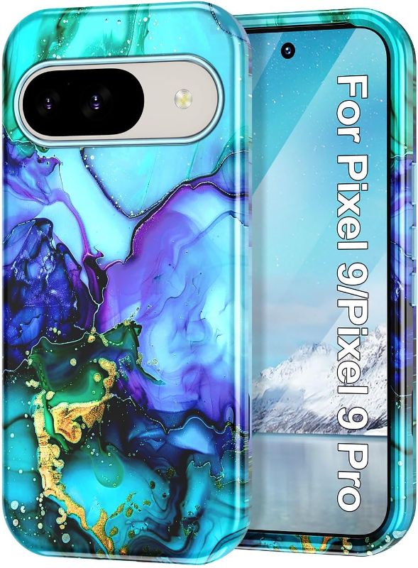Photo 1 of Btscase for Google Pixel 9 Pro Case/Pixel 9 Case 2024 [Military Grade Shockproof] Stylish Marble Pattern Slim Protective 3 Layers Hard PC+Soft Silicone Rugged Women Men Anti-Scratch Cover, Cyan