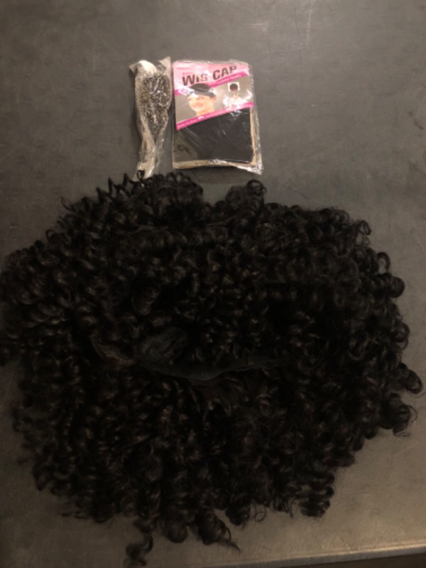 Photo 1 of Afro Curly Wig with Bangs, Natural Black, Heat Resistant, 15" Full Wig, 150% Density, Glueless, 1 Count