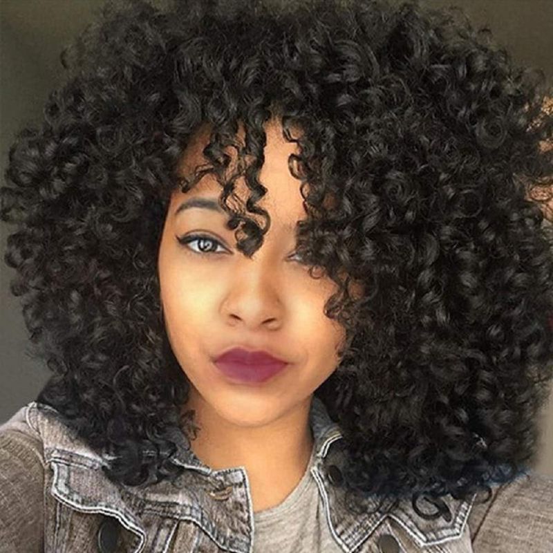 Photo 1 of Afro Curly Wig with Bangs, Natural Black, Heat Resistant, 15" Full Wig, 150% Density, Glueless, 1 Count