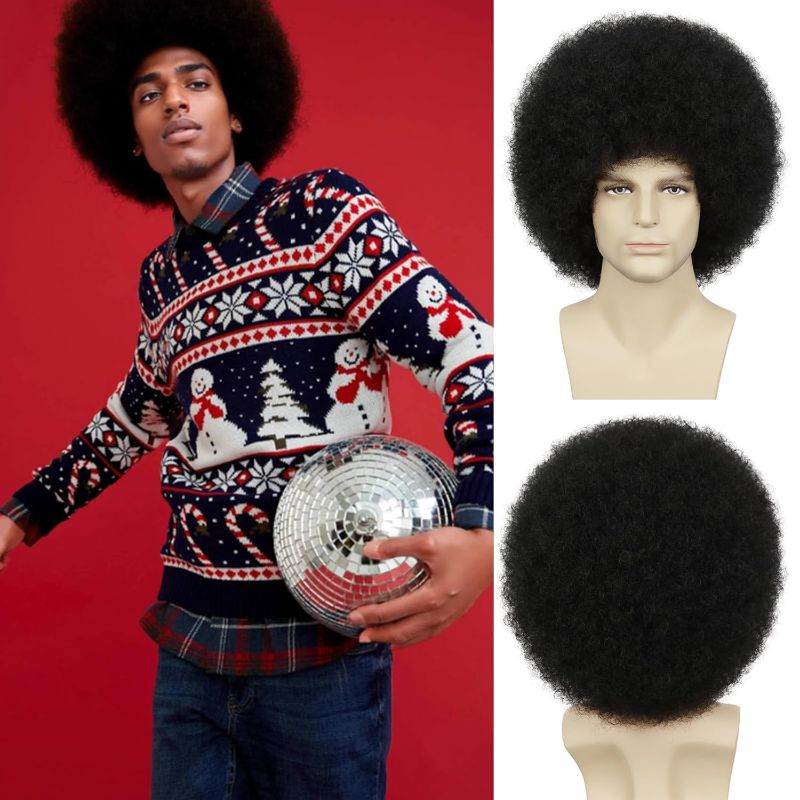 Photo 1 of Mens Afro Wig for 70s Disco Rocker Party Black Afro Wig for Men and Women Unisex Adult Afro Wigs for Daily and Party Use (Black)