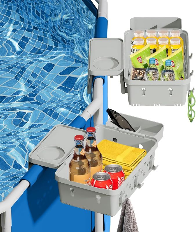 Photo 1 of 2-Pack Above Ground Pool Basket with Pool Cup Holders - XL Poolside Storage Basket for Drinks & Gear, Fits 3" Rails, Bestway Pool Accessories Compatible Pool Essentials
