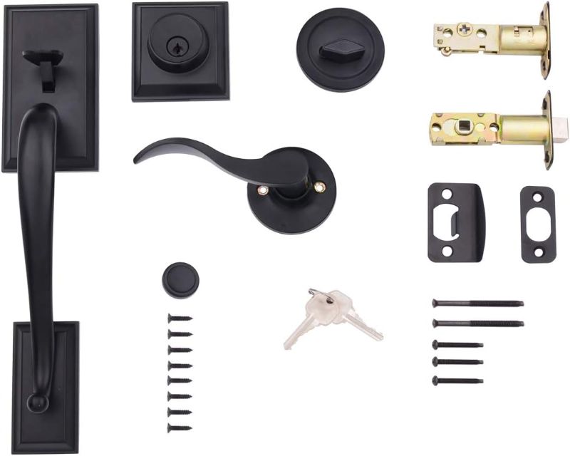 Photo 1 of Amazon Basics Modern Exterior Door's Handle with Right-Hand Wave Lever and Deadbolt Lock Set, Matte Black