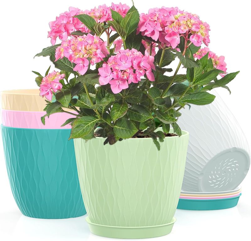 Photo 1 of 6 inch Flower Pots for Plants with Drainage Holes and Saucer, 5 Pack Plastic Plant Pots Indoor Planters for Outdoor Plants Small Garden House Home Decor, Nursery Pots for Succulent Colorful
