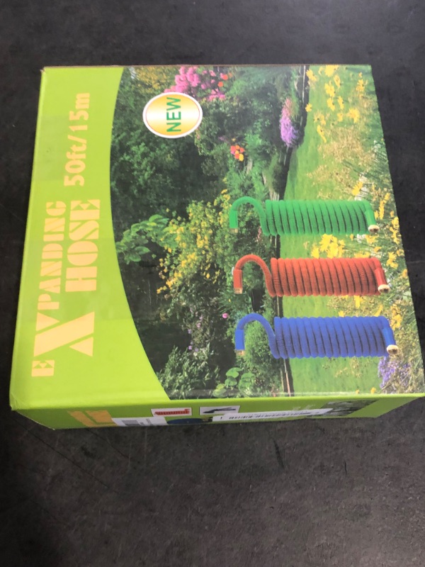 Photo 1 of J&B XpandaHose 100ft Expandable Garden Hose with Holder - Heavy Duty Superior Strength 3750D - 4 -Layer Latex Core - Extra Strong Brass Connectors and 10 Spray Nozzle w/Storage Bag (Blue 100)
