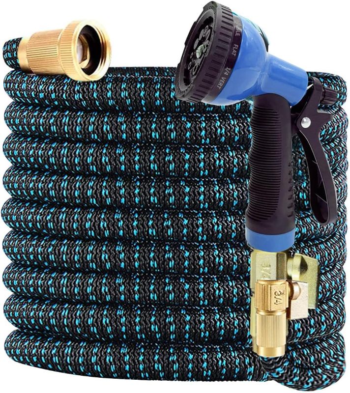 Photo 1 of J&B XpandaHose 100ft Expandable Garden Hose with Holder - Heavy Duty Superior Strength 3750D - 4 -Layer Latex Core - Extra Strong Brass Connectors and 10 Spray Nozzle w/Storage Bag (Blue 100)