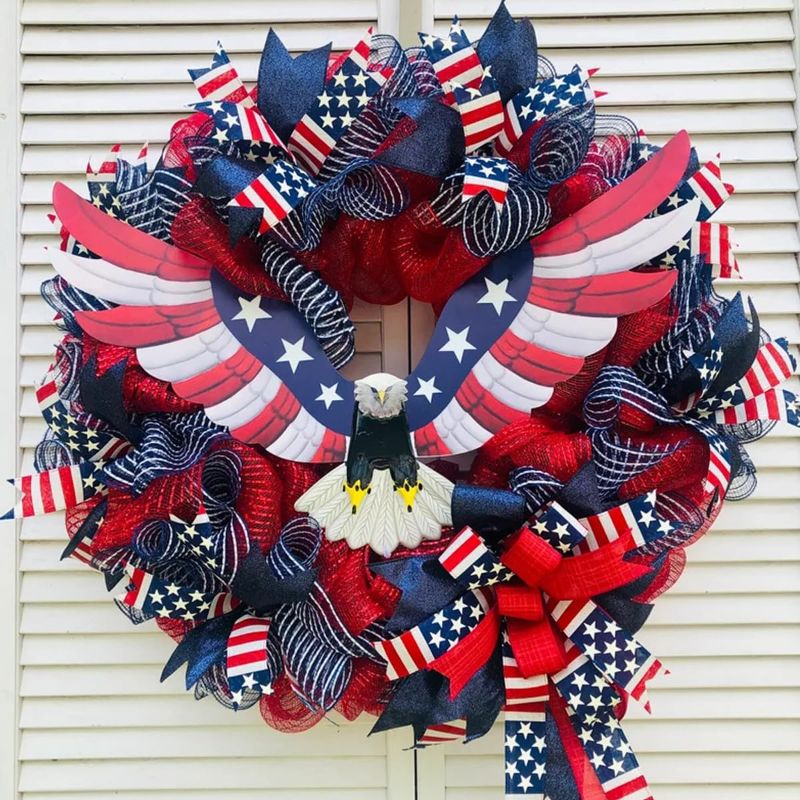Photo 1 of 4th of July Wreath for Front Door, Patriotic American Flag Burlap Wreath, Memorial Day Independence Day Summer Holiday Decor, Red White and Blue Farmhouse Hanging Ornament (D)