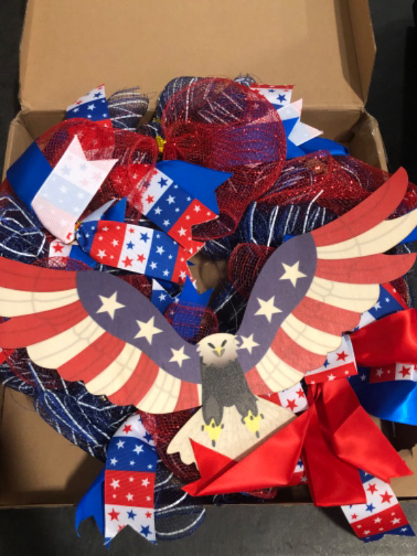 Photo 1 of 4th of July Wreath for Front Door, Patriotic American Flag Burlap Wreath, Memorial Day Independence Day Summer Holiday Decor, Red White and Blue Farmhouse Hanging Ornament (D)