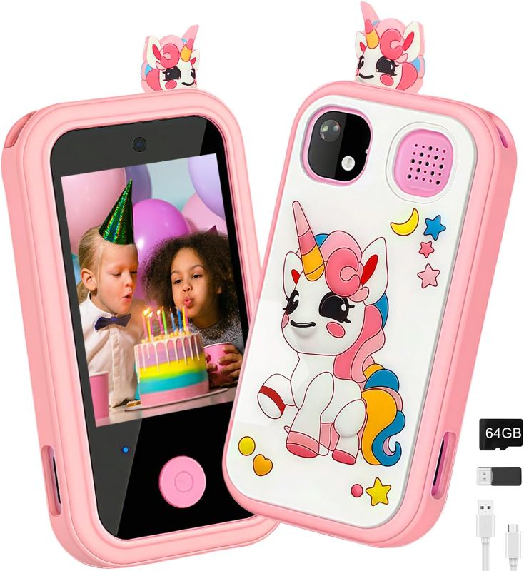 Photo 1 of 64GB Kids Smart Phone for Girls, Touchscreen, Birthday Gifts for Girls Age 6, 7, 8, 10 Year Old, Toddler Educational Learning Toys Phone with Dual Camera, Game, Music Player, Pink