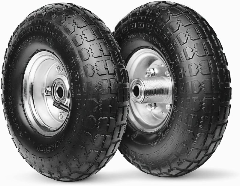 Photo 1 of 10-Inch Replacement Tire and Wheel 4.10/3.50-4" - 10” Pneumatic Utility Tires for Cart, Dolly, Hand Truck, Generator, Lawnmower, Garden Wagon with 5/8” Axle Bore Hole - Double Sealed Bearings (2 pack)