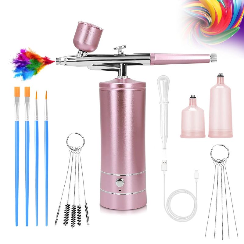 Photo 1 of Airbrush-Kit Air Brush Kit With Airbrush Compressor Nail Charms Wireless Air Brush for Barber, Nail Art, Cake Decor, Makeup, Model Painting (Pink)