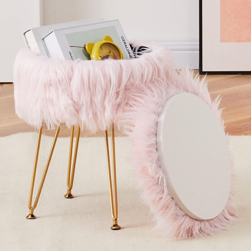 Photo 1 of Faux Fur Storage Ottoman Round Furry Vanity Stool Marble Grain Tray Coffee Table Compact Footrest Stool with 4 Metal Legs Soft Makeup Seat Foot Stools for Living Room Bedroom Entryway Pink