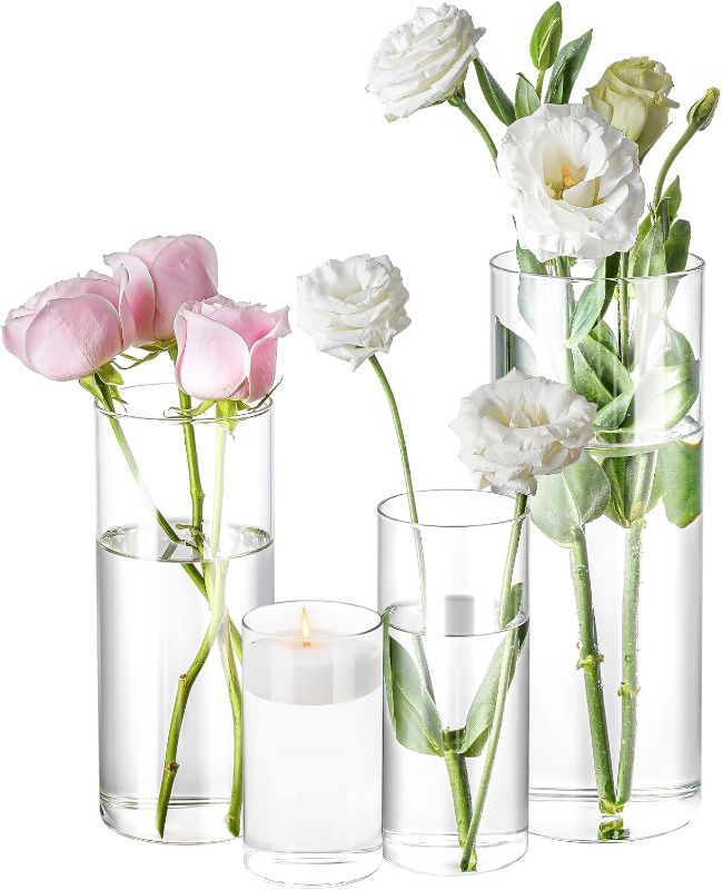 Photo 1 of 4 Pack Glass Cylinder Vases 4,6,8,10 Inch Tall Clear Flower Vase Hurricane Floating Candle Holder for Table Centerpiece Wedding Home Decor