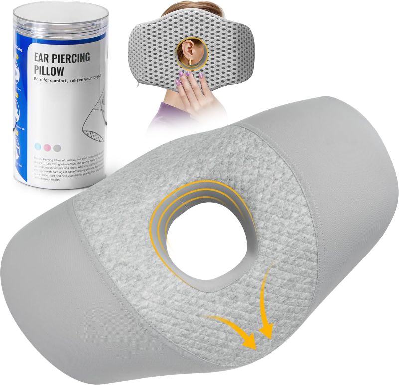 Photo 1 of Ear Piercing Pillow for Side Sleepers with Ear Hole, Designed for CNH, Ear Pain Relief and Pressure Sores, Memory Foam Contoured Design Side Sleeping Pillow, Breathable Cotton Blend-Gray