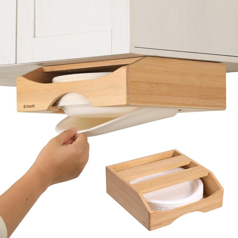 Photo 1 of 9-inch Paper Plate Dispenser Under Cabinet, Bamboo Paper Plate Holders, Kitchen Counter Vertical Plate Dispensers Holders Countertop Caddy(For 9-inch Plates, Bamboo)