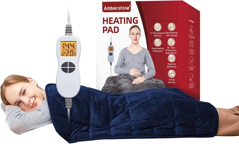 Photo 1 of Ambershine 17''x33'' Weighted Heating Pad, 5.2lbs with 12 Temperature Settings & 4 Auto-Off Timers, Pain Relief for Back/Neck/Shoulders/Abdomen/Legs, Christmas Gifts for Mom Dad Women Men(Dark Blue)