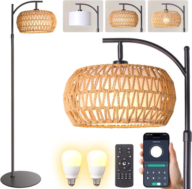 Photo 1 of Boho Rattan Floor Lamp with Shade - 12W Bright LED Bulb, Adjustable Height 48-60 Inch, Remote Control 3 Color Temperatures, Handwoven Arc Standing Light for Living Room