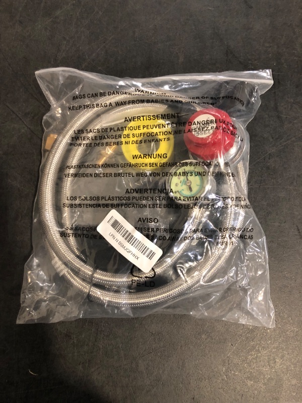Photo 1 of 12FT High Pressure Propane Regulator with Hose, Adjustable 0-30 PSI Regulator with Gauge, Stainless Steel Braided Hose, Connect 5-100LB POL Propane Tank to Fire Pit Burner Heater Fryer Smoker Griddle