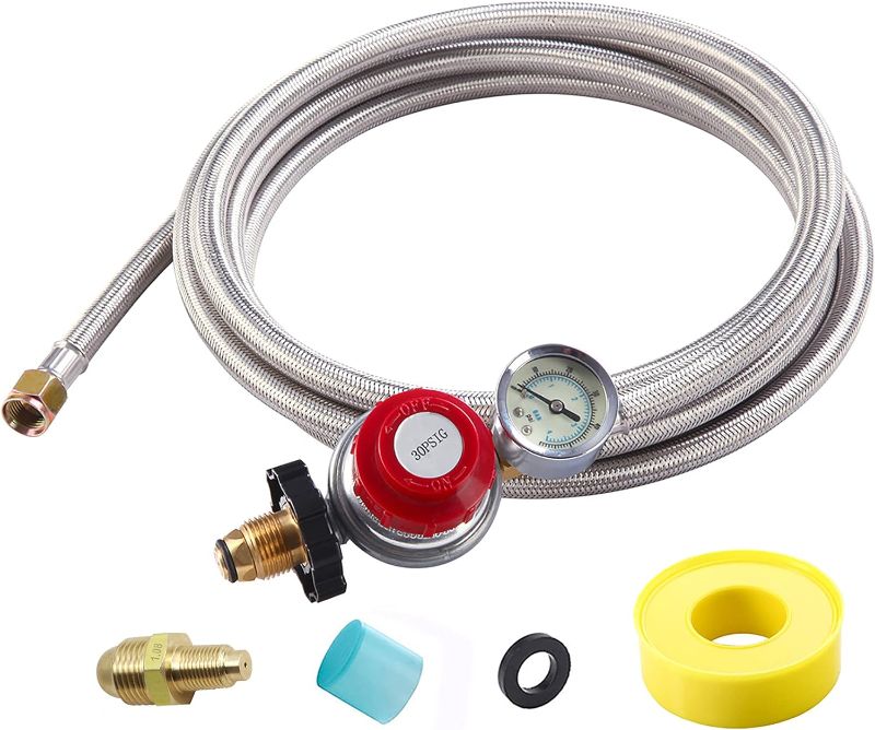 Photo 1 of 12FT High Pressure Propane Regulator with Hose, Adjustable 0-30 PSI Regulator with Gauge, Stainless Steel Braided Hose, Connect 5-100LB POL Propane Tank to Fire Pit Burner Heater Fryer Smoker Griddle