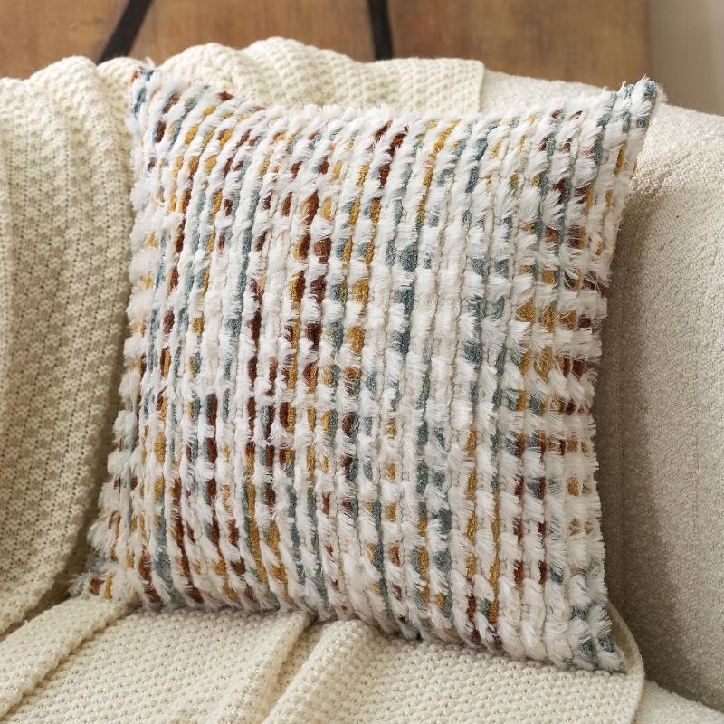 Photo 1 of Aeckself Boho Chenille Tufted Pillow Cover 18 x 18 Inch, Decorative Square Throw Pillow Cover Neutral Pillowcase for Couch Bedroom Living Room, Orange White