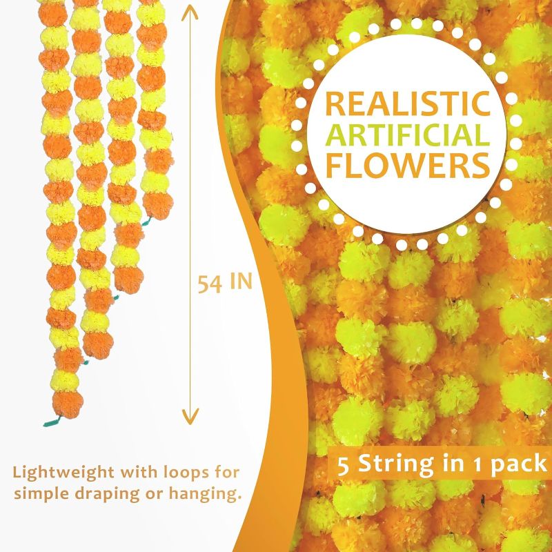 Photo 1 of 5 PC - 4.5 feet Marigold Garland Halloween Diwali Pooja Indian/American Wedding Party Mantle Decoration Faux Artificial Floral String Christmas Fall Festival Spring Bush Floral Decor - Mango & Yellow