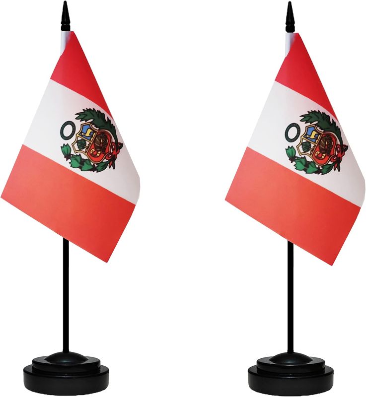 Photo 1 of Peru Peruvian Deluxe Desk Flag Set, Small Mini Miniature Peru Peruvian Table Desktop Flags With Solid Pole, Black Base and Spear Top(2 Pack)