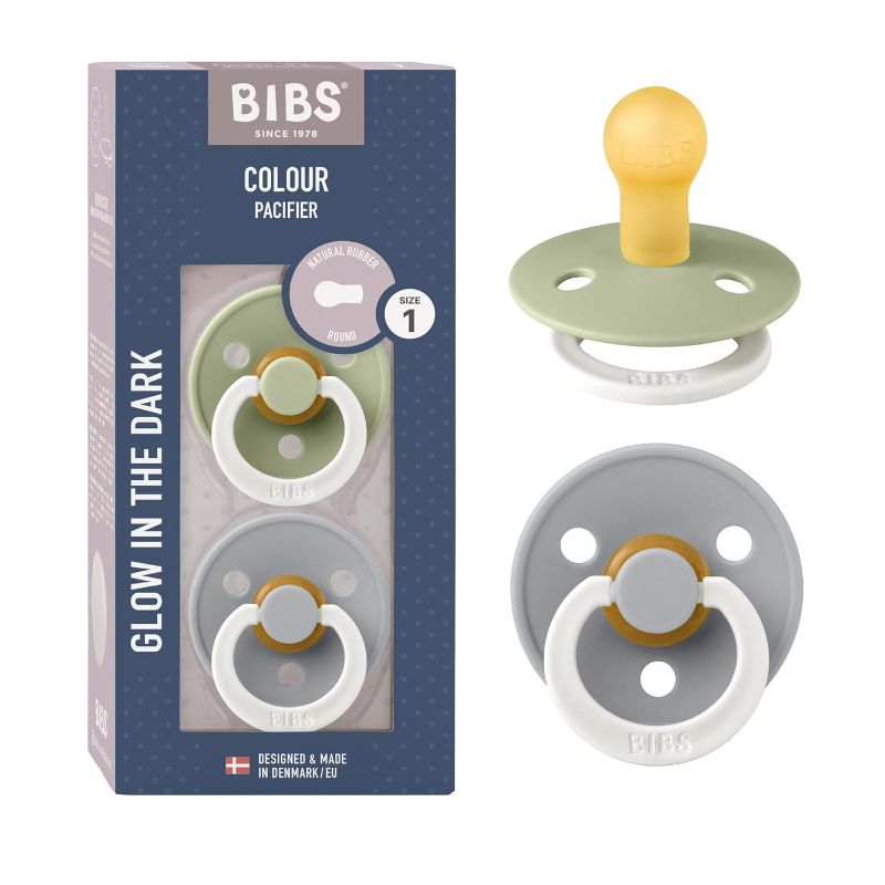 Photo 1 of BIBS Colour Night Baby Pacifier 2-Pack | Made in Denmark | BPA Free Dummy Soother, Round Nipple. Natural Rubber Latex, Size 1 (0-6 Months), Sage Night/Cloud Night