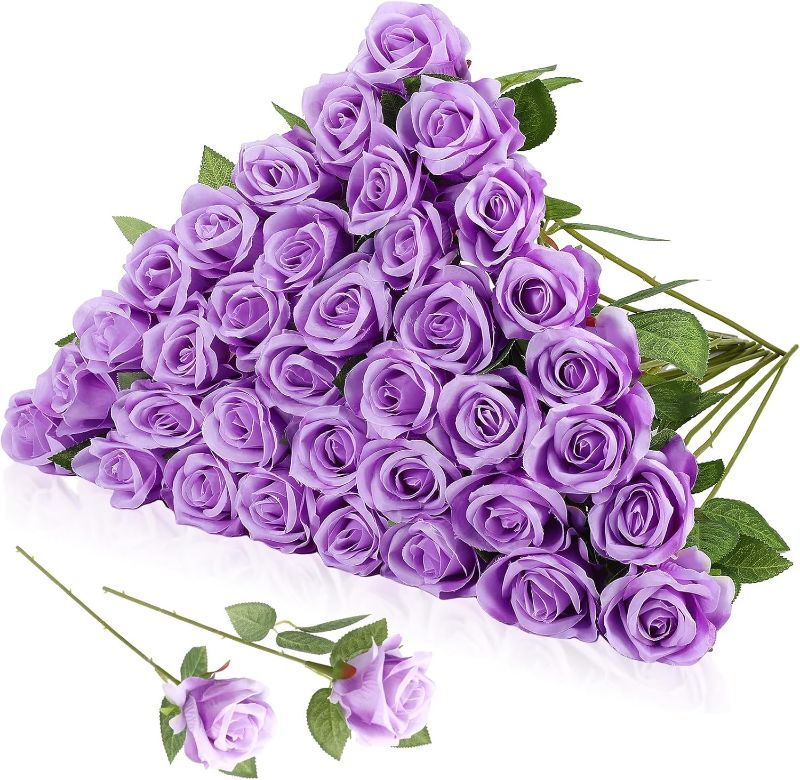 Photo 1 of 36 Pcs Silk Purple Rose Bouquet Bridal Artificial Flowers,Fake Rose Long Stem Realistic Artificial Flowers Bulk for Wedding Bouquet Ball Arrangement Centerpiece Party Decor