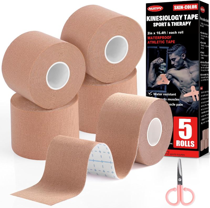 Photo 1 of 5 Rolls Kinesiology Tape, 2 inch x 16.4 Feet Waterproof Athletic Tape, Uncut Kinetic Tape, Muscle Tape, Sports Tape, Knee Tape for Exercise and Daily Use - Skin Color