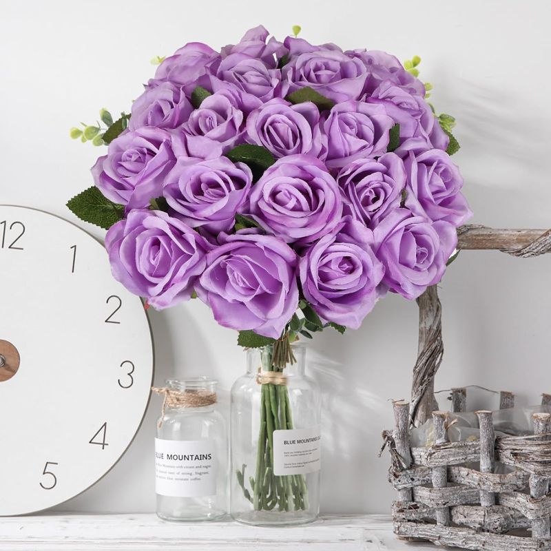 Photo 1 of 20PCS Artificial Roses with Long Stems - Realistic Silk Flowers, Fake Roses Real Touch Bouquet of Roses for Home Decor, Bridal Wedding Party Table Centerpieces, Bulk Faux Rose Flowers (Purple)