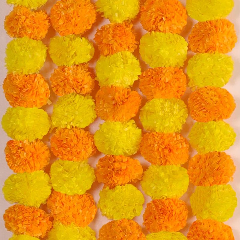 Photo 1 of 5 PC - 4.5 feet Marigold Garland Halloween Diwali Pooja Indian/American Wedding Party Mantle Decoration Faux Artificial Floral String Christmas Fall Festival Spring Bush Floral Decor - Mango & Yellow