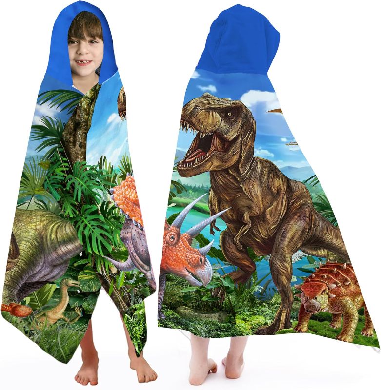 Photo 1 of Dinosaur Hooded Towel, 30" x 50" T-Rex Microfiber Absorbent Quick Dry Bath Swim Pool Towel Poncho Bathrobe with Hood for Boys