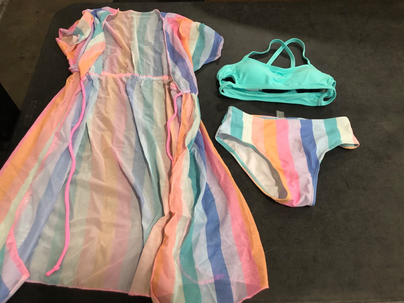 Photo 1 of Size 6-7Y Girls Bikini Set 3 Piece - Striped Multicolored Swimsuit with Quick Dry Cover Up - Bathing Suit for Kids 6-14 Years