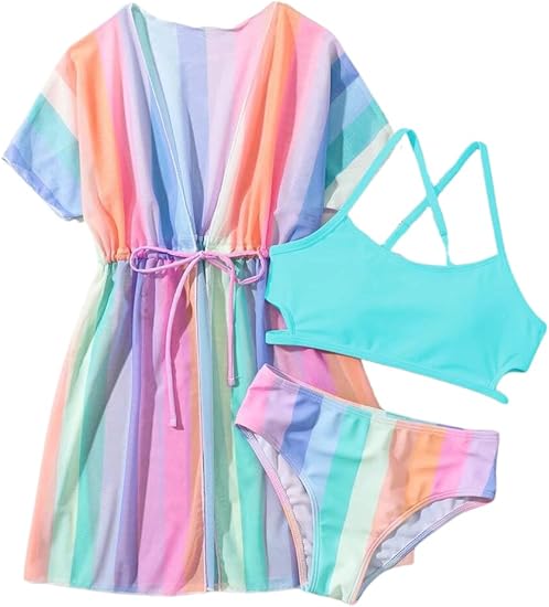 Photo 1 of Size 6-7Y Girls Bikini Set 3 Piece - Striped Multicolored Swimsuit with Quick Dry Cover Up - Bathing Suit for Kids 6-14 Years