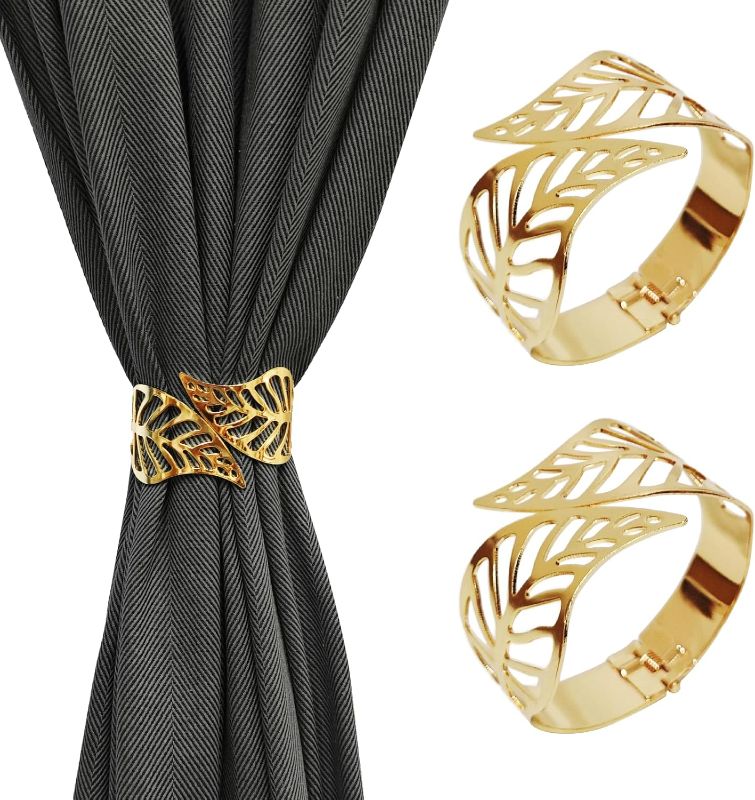 Photo 1 of 2 Pack Curtain Tiebacks Curtain Holdbacks Aluminum Alloy Spring Design Gold Leaf Curtain Tie Simple Style Tiebacks for Drapes Or Curtain Ties Backs Curtain Modern Style Curtain Holdback Decorative